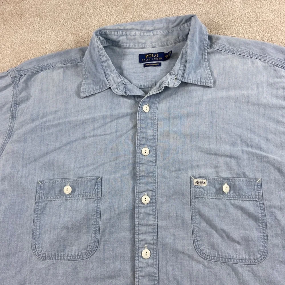 Polo Ralph Lauren Shirt Mens 2XLT Blue Indigo Chambray Short Sleeve Button Down